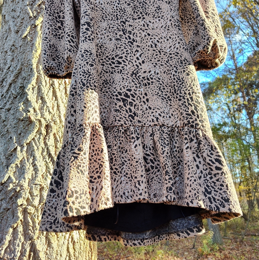 Maeve Anthro Cut-Out Mini Dress Leopard Animal Brown Sz 14 Balloon Sleeve - Picture 4 of 9